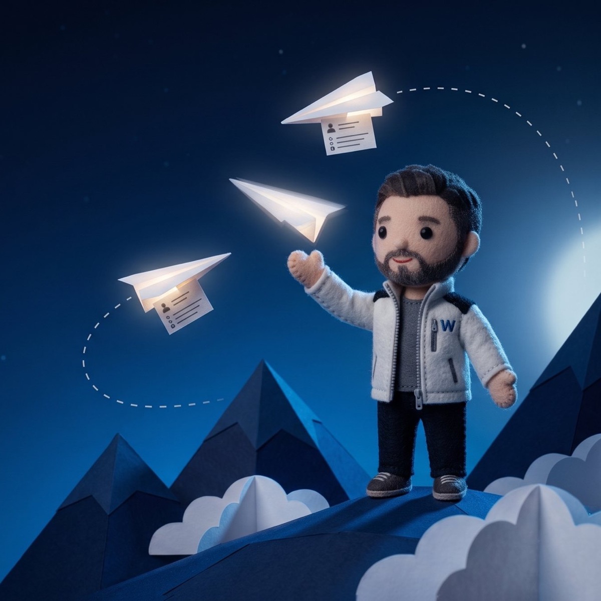 Personaje de tela de WITS atrapando de noche aviones de papel que traen tarjetas de lead